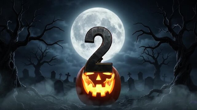 Animation Countdown numbers and text appear over a dark graveyard with a full moon with over misty cemetery Halloween party, banner, social media feed, glowing Video.
