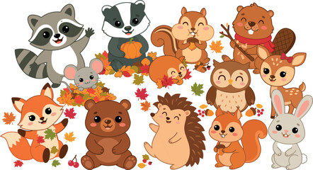 Fototapeta premium Cute Cartoon Woodland Animal Vector Clipart Set Featuring Raccoon Bear Fox Owl and Squirrel with Autumn Leaves for Fall Season Kindergarten Greeting Cards