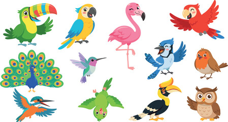 Fototapeta premium Tropical Cartoon Bird Vector Illustration Set Featuring Flamingo Peacock Toucan Owl and Parrot Characters for Children Book Design and Kindergarten Graphics