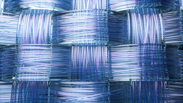 Seamless optical fiber texture featuring thousands of ultra thin transparent fibers woven into a dense continuous pattern, with subtle blue and violet reflections, realistic glass material, and extrem