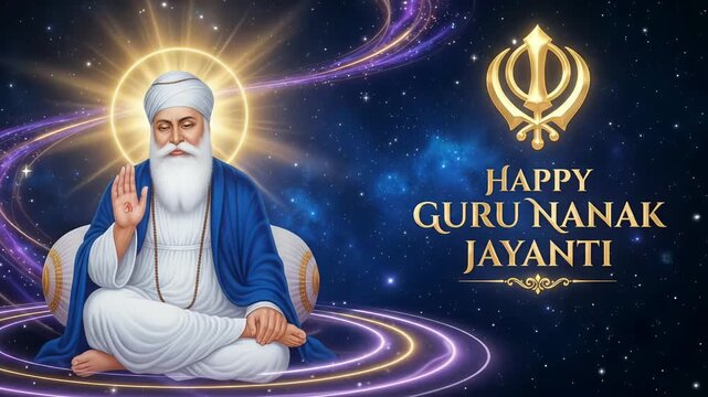 Guru Nanak Jayanti Celebration with Guru Nanak Dev Ji and Golden Khanda Cosmic Animated Video Background
