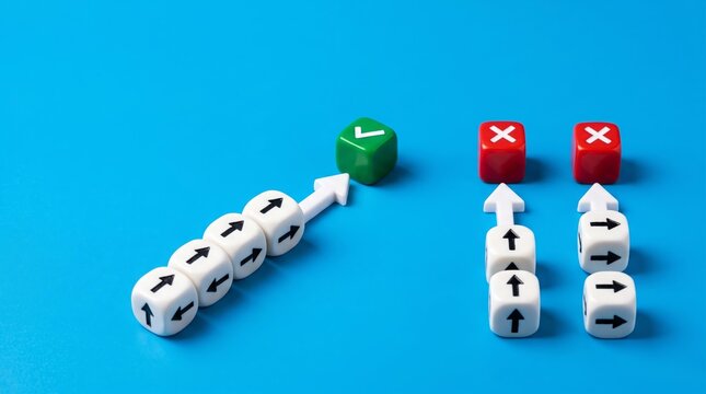 Multi-colored dice with arrows pointing towards correct checkmark and incorrect cross symbols representing decision making paths
