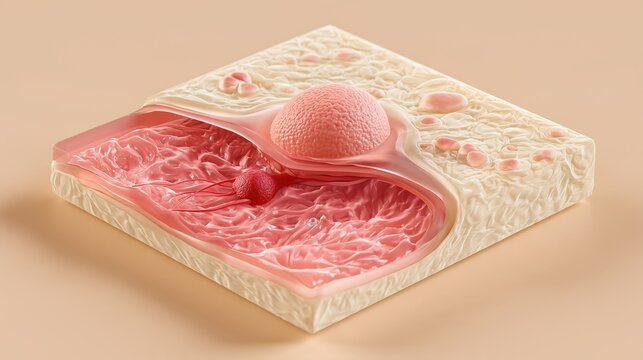 Scleroderma: 3D isometric medical diagram of a fibroblast overproducing collagen and constricting a small blood vessel