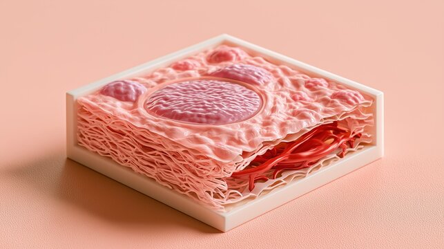 Scleroderma: 3D isometric medical diagram of a fibroblast overproducing collagen and constricting a small blood vessel
