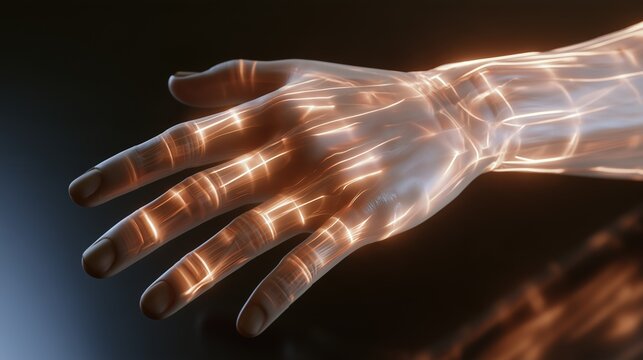 Scleroderma: 3D render of a translucent hand with glowing collagen layers thickening beneath the skin