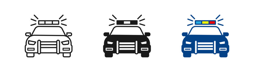 Police car icon set with emergency light siren symbols in outline solid and blue styles vector illustration © PixelNest