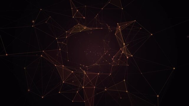 Continuous forward movement through a glowing rose bronze cylindrical constellation tunnel intricate geometric node networks and drifting stardust particles against a deep obsidian backgr