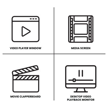 Set of four outline and media player icons including clapperboard playback monitor film strip with clapperboard playback production broadcast entertainment streaming technology interface