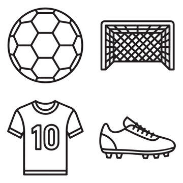 Set of four outline football sport icons including soccer ball goal net team jersey cleat shoe with football equipment athletic competition training exercise activity illustration tournament