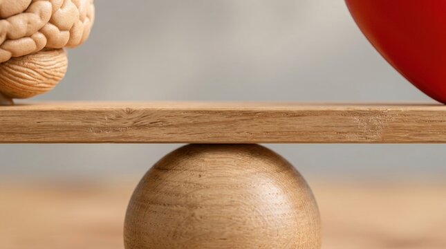 Balancing mind and heart on a simple wooden scale, representing emotional intelligence, rational thought, logic versus feeling, difficult choices, health balance, conceptual idea for decision making