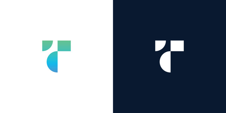 Modern minimalist logo design featuring the letter T with a smooth blue and green gradient on a split white and dark background