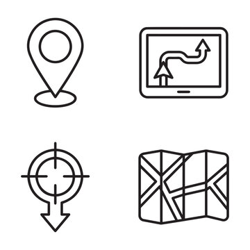 Set of four outline navigation and location icons featuring map pin route direction target folded map navigation location direction destination tracking position wayfinding illustration