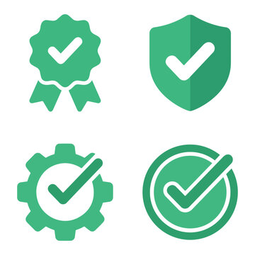 Set of green checkmark signs for approval confirmation and quality assurance with checkmark assurance verified validation selection approved certified standard business interface agreement