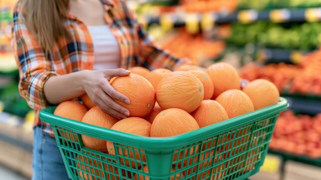 Person selects ripe cantaloupes from a grocery store display.