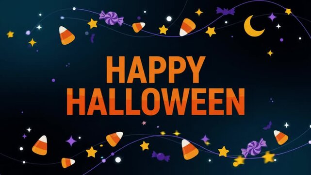 Animation Happy text with floating purple ribbons and animated candy icons on dark backgrounds with celebration Halloween party, banner, social media feed, glowing Video.