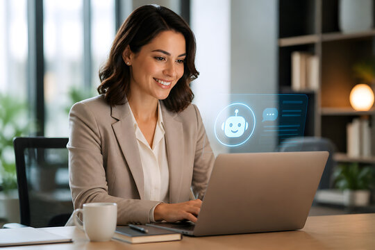 Businesswoman using a laptop with a glowing AI assistant