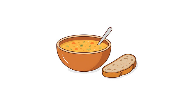 A warm bowl of hearty vegetable soup with a slice of crusty bread on a white background, perfect for a cozy meal