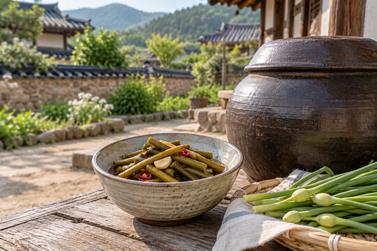 Garlic scape jangajji beside an onggi jar