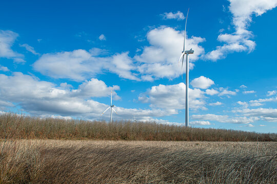 Wind turbines in Istanbul. A wind power plant (wind turbines) situated in a vast rural area is visible. In the foreground, there is a wide expanse of land covered with dry grass, shrubs 