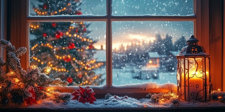 View through a romantic decorated window with lantern and candlelight to a romantically lit Christmas tree in the snow
