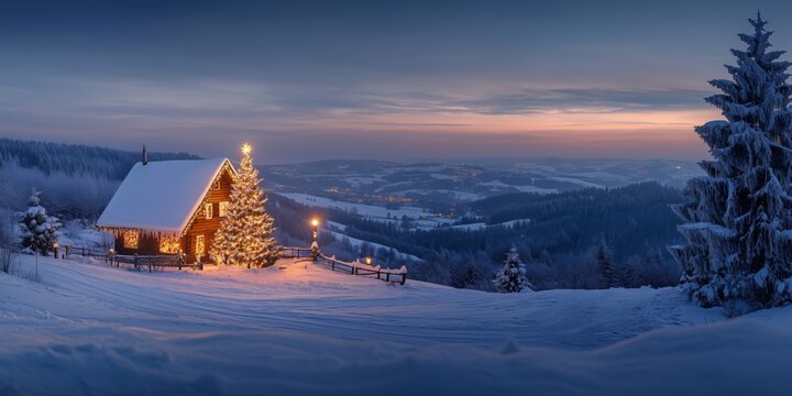 a christmas tree with candles stands in the snow next to a lonely romantically lit hut in mountains
