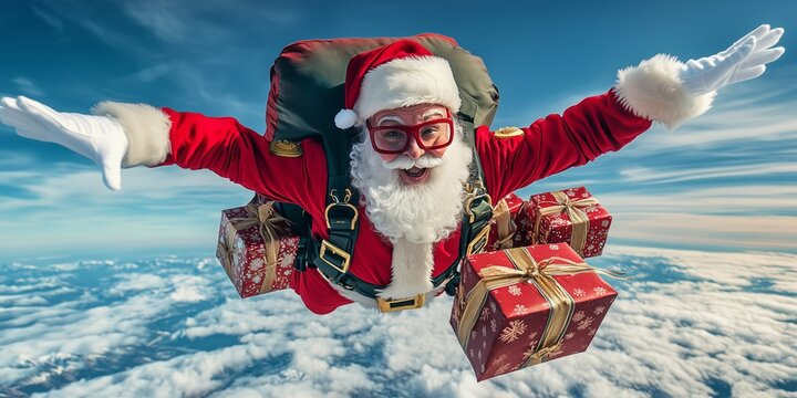 Santa Claus as a skydiver jumps to earth with a parachute and many gifts on his back