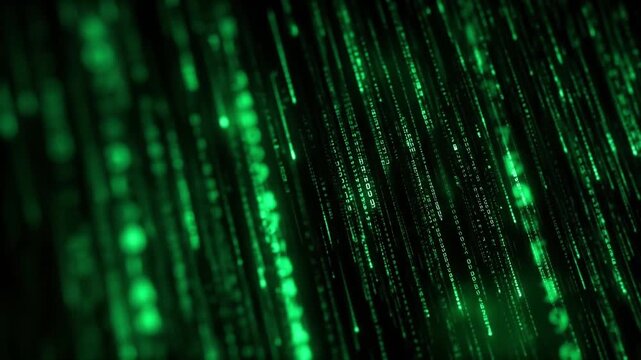 Abstract Digital Rain: A mesmerizing cascade of glowing green digital code streams down a dark background, evoking the essence of technology and cyberspace.