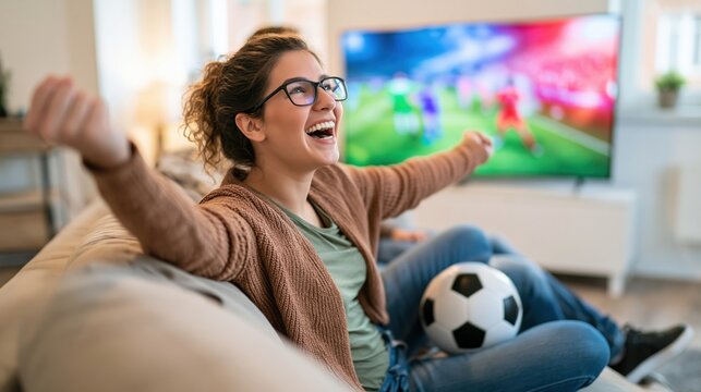 Young woman expresses joy while watching a sporting event at home.
