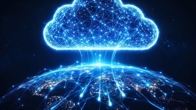 Digital Cloud Computing Network: An abstract representation of a luminous blue digital cloud emerges from a network of connected lights symbolizing the Earth.