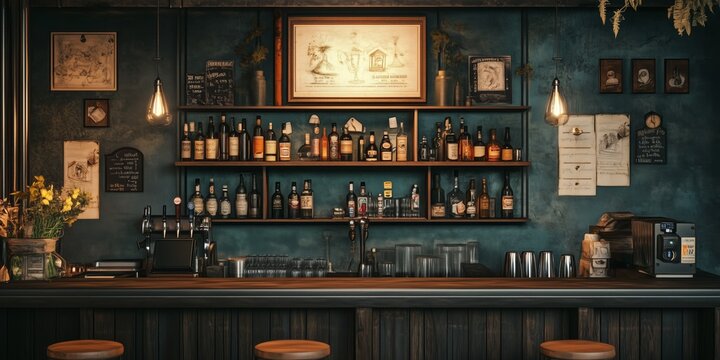 the counter bar in a cosy old english or irish pub with lots of whisky bottles in the background