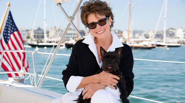 Smiling woman with small dog on a sailboat with a flag.