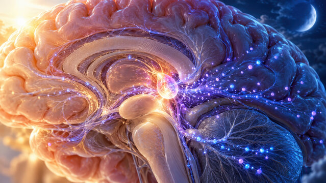 Melatonin production brain is illustrated with glowing neural pathways and glowing pineal gland, showing connection between sleep regulation and brain function night sky with crescent moon
