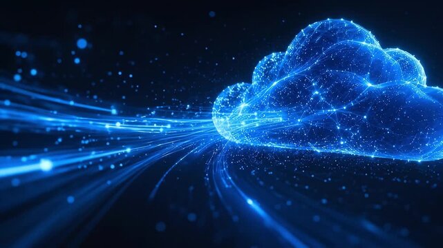 Digital Cloud Computing Speed: A luminous blue cloud made of interconnected nodes, glowing with digital light, streaks through a dark, futuristic landscape.