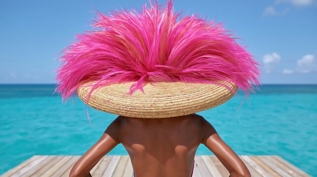 Person wears a large, decorative straw hat with bright pink feathers by the ocean.
