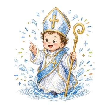 Cute cartoon baby boy dressed as a bishop or Saint Nicholas holding a golden crosier staff and splashing in holy water, charming colored pencil illustration isolated on white background.