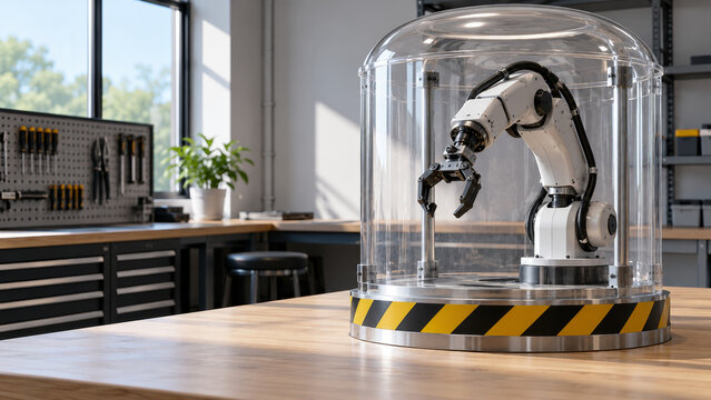 Robotic arm in transparent safety enclosure on workshop table with striped hazard barrier, illustrating controlled automation and agent misuse scenario containment