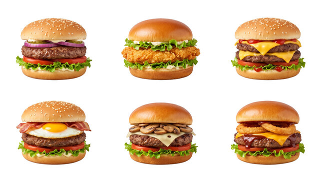 Set of six delicious gourmet burgers with various ingredients and toppings.