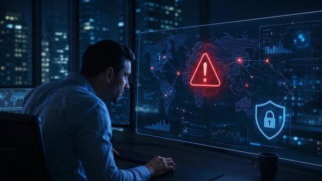 Cyber Security Alert: A man in a dimly lit office, illuminated by the glow of multiple screens displaying complex data, a world map with red alerts, and cybersecurity icons.