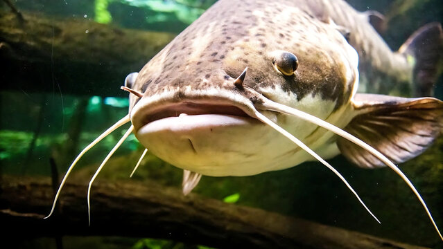 Close up portrait of a large catfish swimming underwater in a river
