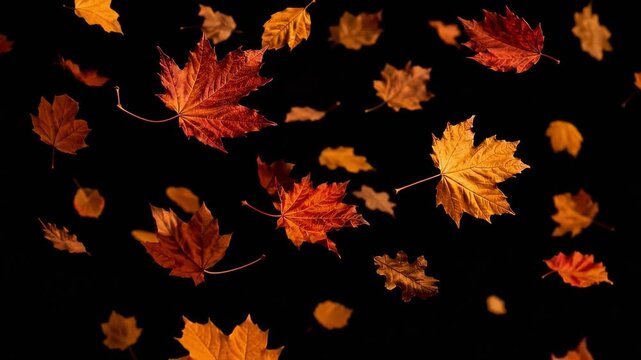 Autumn Leaves Cascade: A vibrant display of colorful maple leaves in various shades of red, orange, and yellow gently falling against a dark backdrop.
