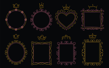 Doodle princess crown frames set vector illustration. Hand drawn neon line art royal borders in circle, heart, and rectangle shapes isolated on black background for invitation photo frame. © Iconsetpro