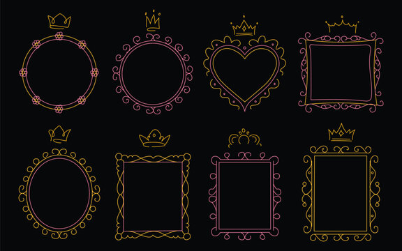 Doodle princess crown frames set vector illustration. Hand drawn neon line art royal borders in circle, heart, and rectangle shapes isolated on black background for invitation photo frame.
