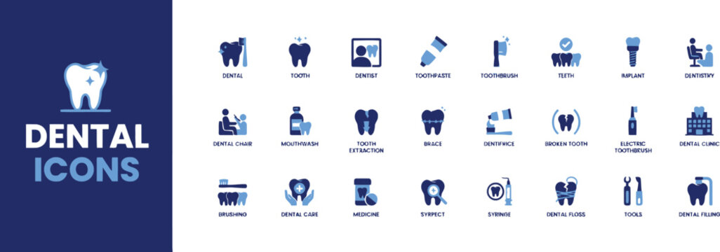 Dental care vector icon set banner for dentistry clinic, oral hygiene, tooth treatment, and medical equipment   