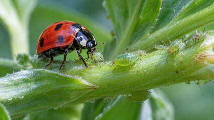 Fototapeta premium Ladybug aphid leaf crop pest garden protection plant insect natural pest control for plant health as ladybug feeds aphid among fresh green leaves