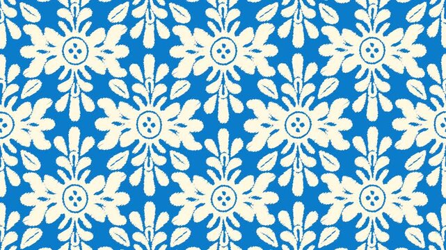 Traditional blue and white ikat ethnic pattern seamless loop background.