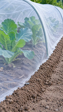 Garden crop protection mesh tunnel promotes plant health by sheltering young leafy vegetables from pests and weather in cultivated soil