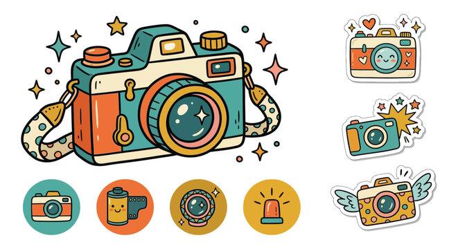 Vintage camera illustration with decorative stickers and playful design elements