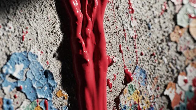 Red paint dripping on textured concrete wall with peeling layers.