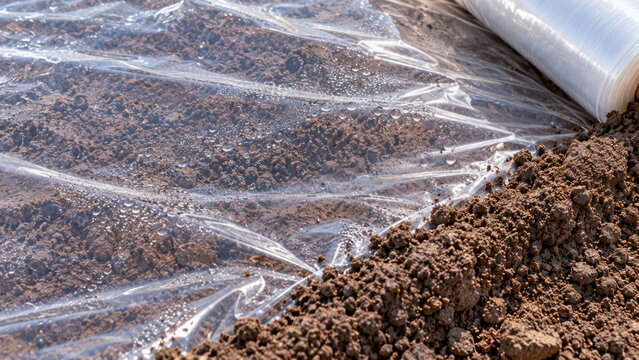 Plastic mulch film covers moist soil to support crop protection and plant health by retaining warmth, conserving moisture, and limiting weed