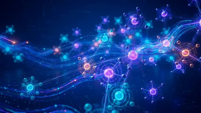 Abstract neural network with pulsing data nodes, artificial intelligence concept